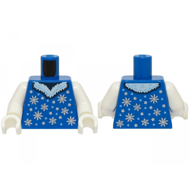 blue torso dress with silver and bright light blue snowflakes and stars and white fur collar pattern bam white arms white hands