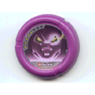 purple throwing disk with throwbot electro slizer energy 5 pips lego technic logo and robot mask with glowing eyes pattern
