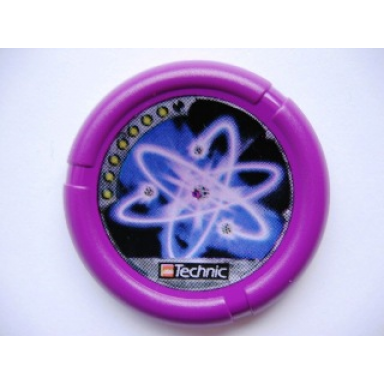 purple throwing disk with throwbot electro slizer energy 7 pips lego technic logo and atomic orbitals pattern