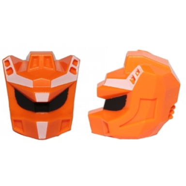 orange minifigure head modified galaxy squad robot with black visor and white forehead pattern
