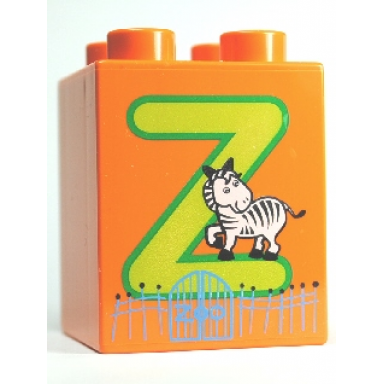 orange duplo brick 2 x 2 x 2 with letter z and zebra in zoo pattern