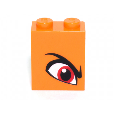 orange brick 1 x 2 x 2 with inside stud holder with angry red right eye and eyebrow pattern queen watevra wanabi
