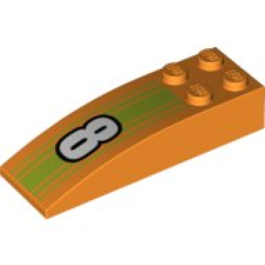 orange slope curved 6 x 2 with white number 8 on lime stripes pattern
