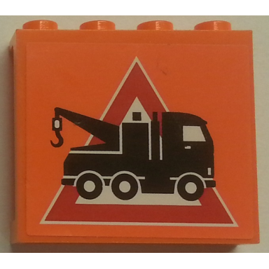 orange panel 1 x 4 x 3 with side supports - hollow studs with tow truck danger sign pattern sticker - set 7642