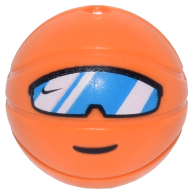 orange minifigure head modified basketball with hole on top with dark azure sports sunglasses white reflections and black nike swoosh logo and smile pattern