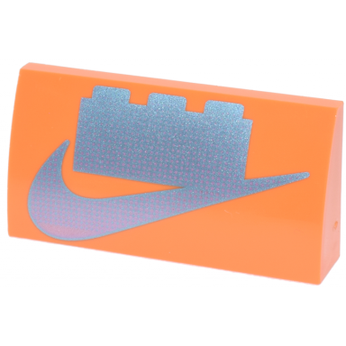 orange slope curved 2 x 4 x 2 3 with bottom tubes with metallic light blue nike swoosh logo and 1 x 3 brick with metallic pink dot gradient pattern