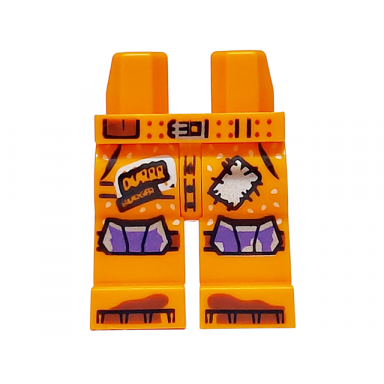 orange hips and legs with belt loops silver buckle and patch with stitching tan sesame seeds durr burger with black outline dark purple knees reddish brown mud stains on feet pattern