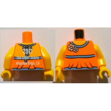 orange torso halter top with medium blue trim and flowers yellow neck 2011 the lego store mission viejo ca on back pattern yellow arms yellow hands