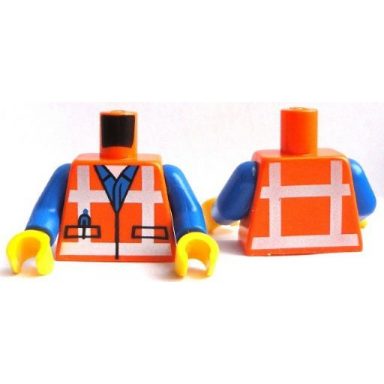 orange torso safety vest with reflective crossed stripes over blue shirt pattern blue arms yellow hands
