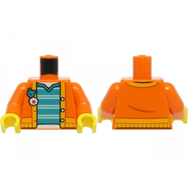 orange torso jacket with bright light orange trim over dark turquoise shirt with white stripes pattern orange arms yellow hands