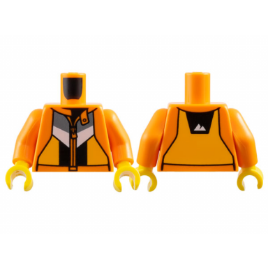 orange torso jacket dark silver white black and bright light orange panels sport mountain logo on back pattern orange arms yellow hands