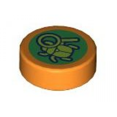 orange tile round 1 x 1 with olive green beetle and magnifying glass on green background pattern
