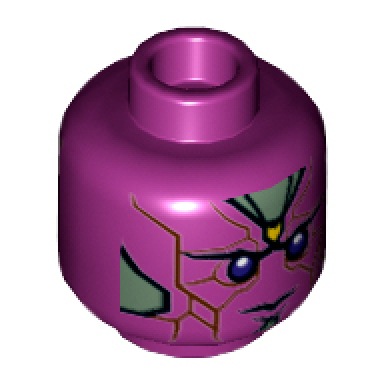 magenta minifigure head alien robot with yellow spot on forehead dark purple eyes reddish brown lines and sand green armor plates pattern vision