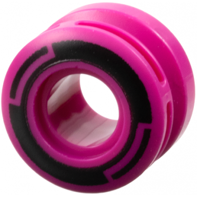 magenta wheel 11mm d x 8mm with center groove 8 spokes and smooth side with black circle and arcs pattern