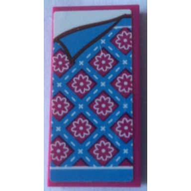 magenta tile 2 x 4 with bedspread with magenta flowers and medium blue stripes and corner pulled back pattern sticker - set 41126