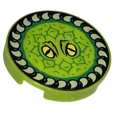 lime tile round 2 x 2 with bottom stud holder with yellow eyes green scales and tan teeth horn ring pattern hp fanged frisbee