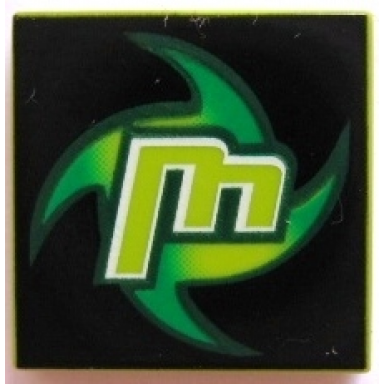 lime tile 2 x 2 with stylized letter m and green swirl on black background pattern