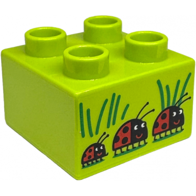 lime duplo brick 2 x 2 with 3 black and red ladybugs and green grass blades pattern