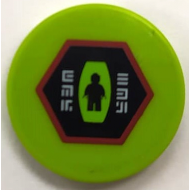 lime tile round 2 x 2 with black and dark red hexagon with alien characters and minifigure silhouette in alien pod pattern sticker - set 70703