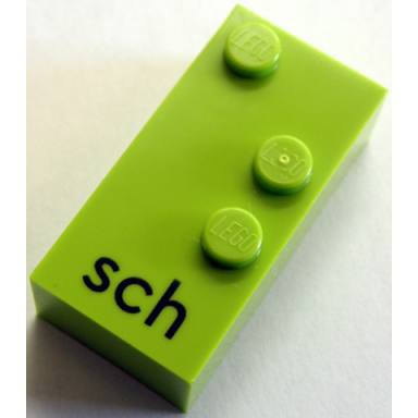 lime brick braille 2 x 4 with 3 studs with black lowercase letters sch pattern dots-156 â ± german