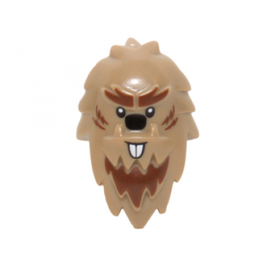 dark tan minifigure head modified yeti shaggy hair with reddish brown fur black nose and white beaver teeth pattern