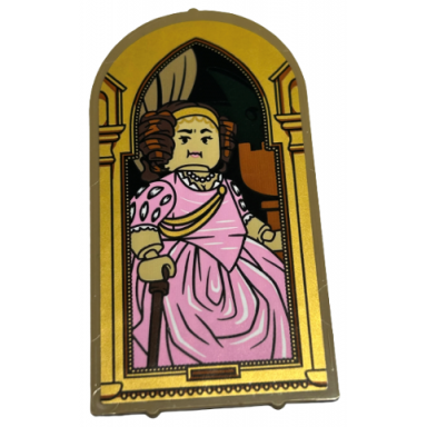 dark tan glass for door frame 1 x 6 x 7 arched with notches and rounded pillars with female minifigure in bright pink dress with wand hp the fat lady in gold archway pattern sticker - set 40577