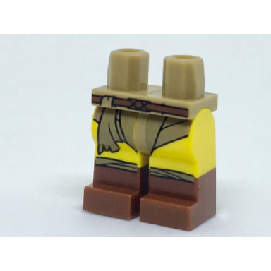dark tan hips and yellow legs with reddish brown belt and boots and dark tan loincloth pattern