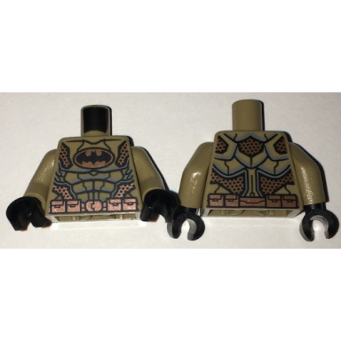 dark tan torso desert batman suit with muscles outline bat logo and copper armor and belt pattern dark tan arms black hands