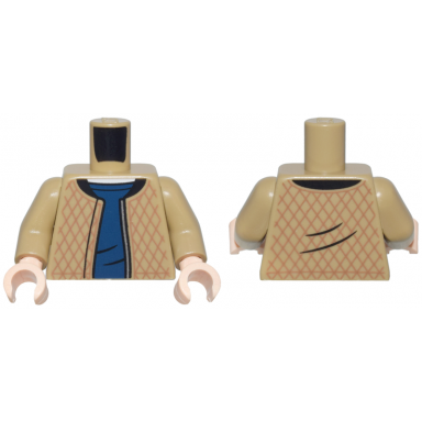 dark tan torso jacket with medium brown diamonds black collar and silver zipper over dark blue shirt white neck pattern dark tan arms light nougat hands