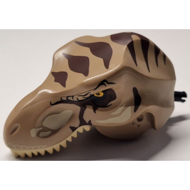 dark tan dinosaur head tyrannosaurus rex with dark tan top and black pin with tan teeth and spots and dark brown stripes pattern