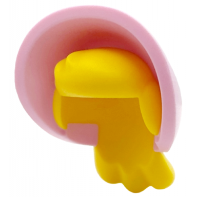 bright pink minifigure hair combo hat with hair bonnet with molded yellow medium length hair pattern