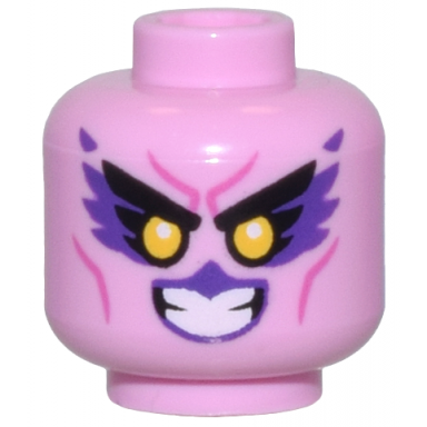 bright pink minifigure head alien female black eyebrows dark purple feathers and lips yellow eyes and dark pink cheek lines pattern
