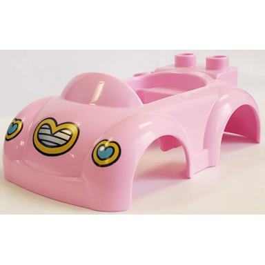 bright pink duplo car body with 2 studs on back and small windshield with heart headlights and grille pattern