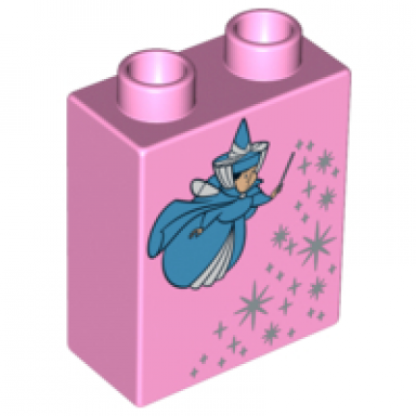 bright pink duplo brick 1 x 2 x 2 with fairy godmother with wand and fairy dust pattern