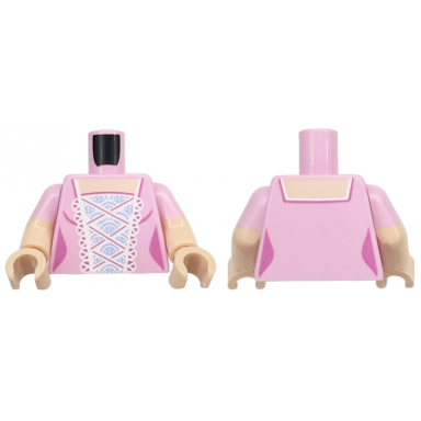 bright pink torso female bodice dress light nougat neck white lace trim bright light blue center panel with dark pink details pattern light nougat arms with molded bright pink short sleeves pattern light nougat hands