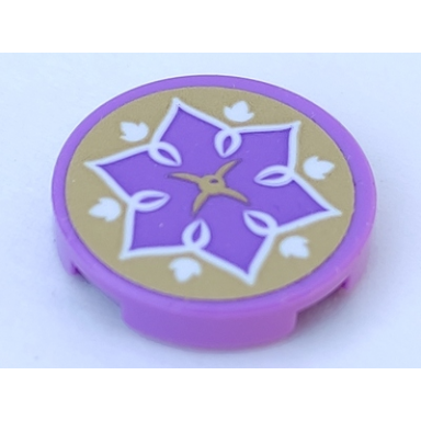 medium lavender tile round 2 x 2 with bottom stud holder with gold cushion white leaves and medium lavender flower pattern sticker - set 41075