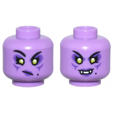 medium lavender minifigure head dual sided female lime eyes and dark purple eye shadow and lips crooked mouth frown white fangs smile pattern
