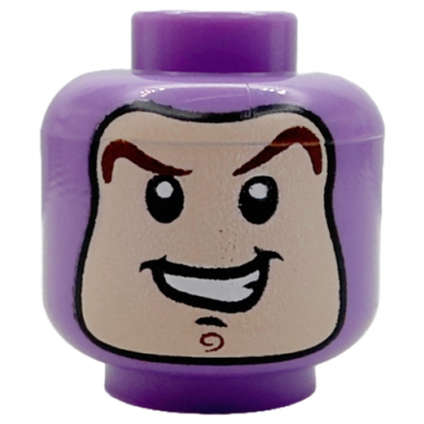 medium lavender minifigure head balaclava with face hole reddish brown curved eyebrows chin swirl black chin dimple open mouth smile pattern buzz lightyear