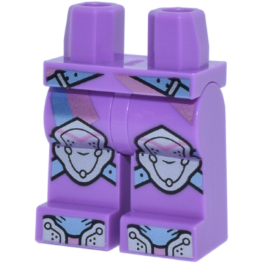 medium lavender hips and legs with metallic pink stripes metallic light blue straps with slides large silver knee pads armored boot tips pattern