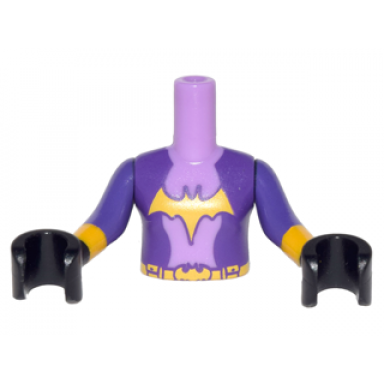 medium lavender torso mini doll girl bright light orange bat symbol and belt pattern dark purple sleeves with bright light orange cuffs and black hands
