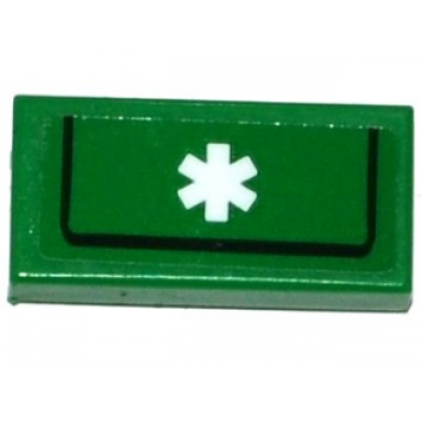 green tile 1 x 2 with white emt star of life and black line pattern sticker - set 60109
