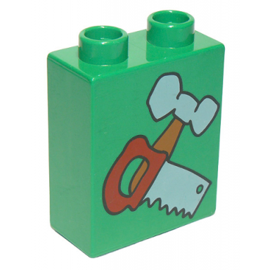 green duplo brick 1 x 2 x 2 with hammer and saw pattern