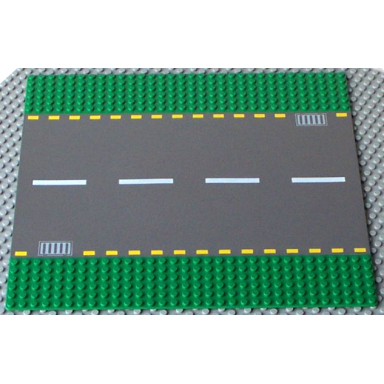 green baseplate road 32 x 32 6-stud straight with dark gray road yellow dashed lines and light gray storm drains pattern