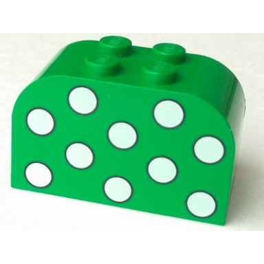 green slope curved 4 x 2 x 2 double with 4 studs with white polka dots pattern