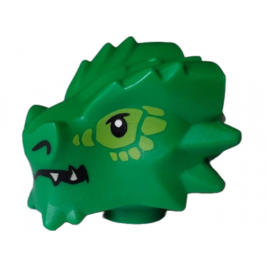 green minifigure head modified dragon with black eyes and nostrils lime scales and eye contour white sharp teeth pattern