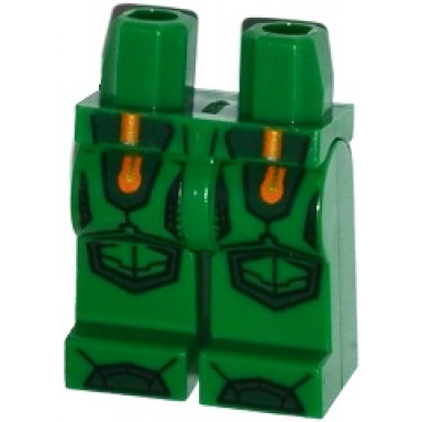 green hips and legs with orange and gold circuitry and dark green armor knee pads and boots pattern