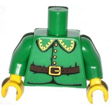 green torso rounded collar 4 gold buttons and brown belt with gold buckle pattern green arms yellow hands