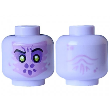 lavender minifigure head alien medium lavender face black eyebrows lime pupils with white glints and dark purple eyes spots and dimple wrinkles on back pattern