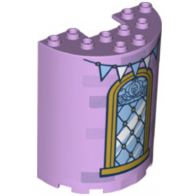lavender cylinder half 3 x 6 x 6 with 1 x 2 cutout with curved lattice window and bunting pattern