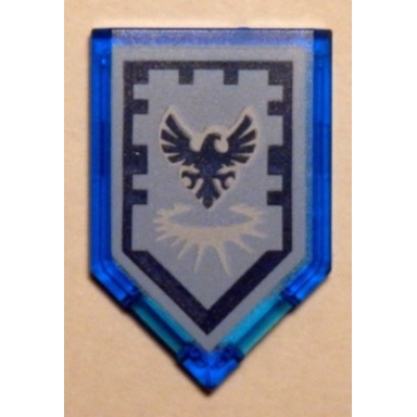 trans-dark blue tile modified 2 x 3 pentagonal with nexo power shield pattern - stronghold of resolution